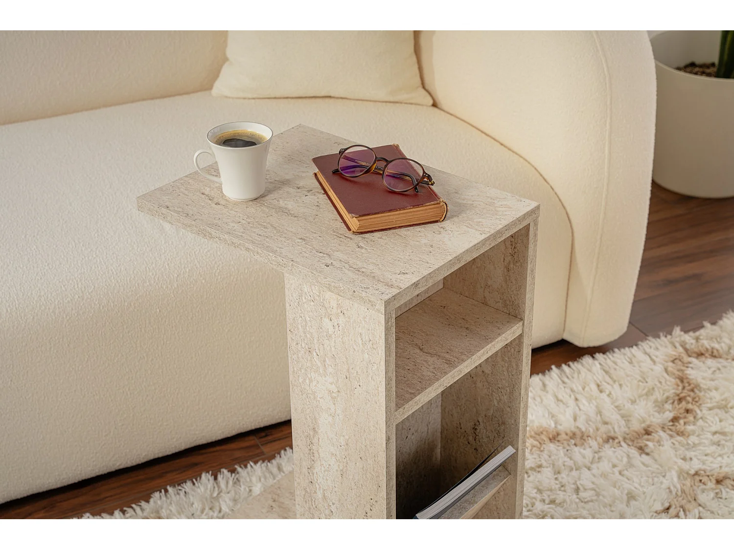 "Filinta" Träsido-bord - Travertinfinish - Modern design - 30 x 40 x 63 cm