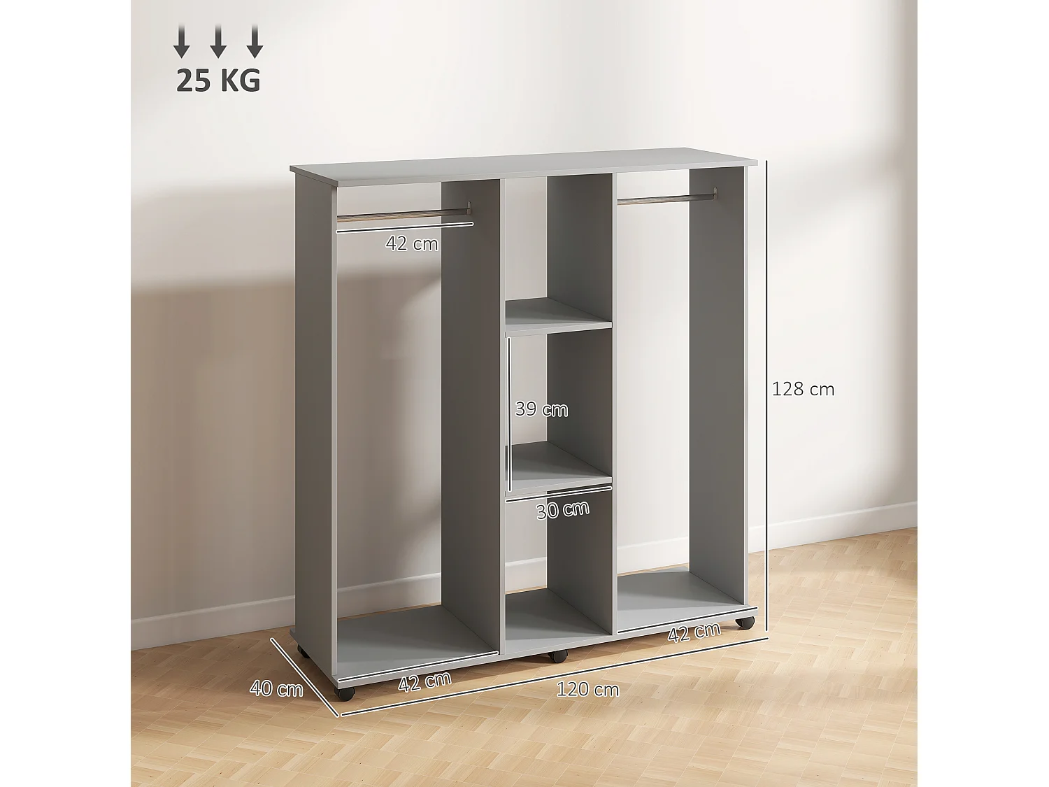 Armoire penderie meuble de rangement mobile 6 roulettes 120L x 40l x 128H cm panneaux de particules aspect bois gris