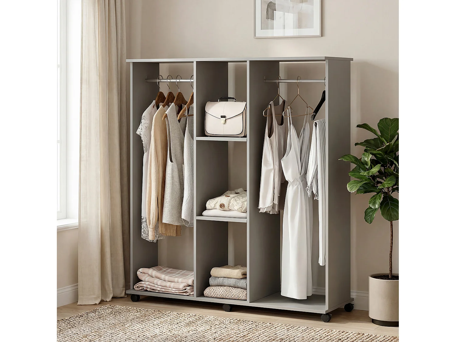 Armoire penderie meuble de rangement mobile 6 roulettes 120L x 40l x 128H cm panneaux de particules aspect bois gris
