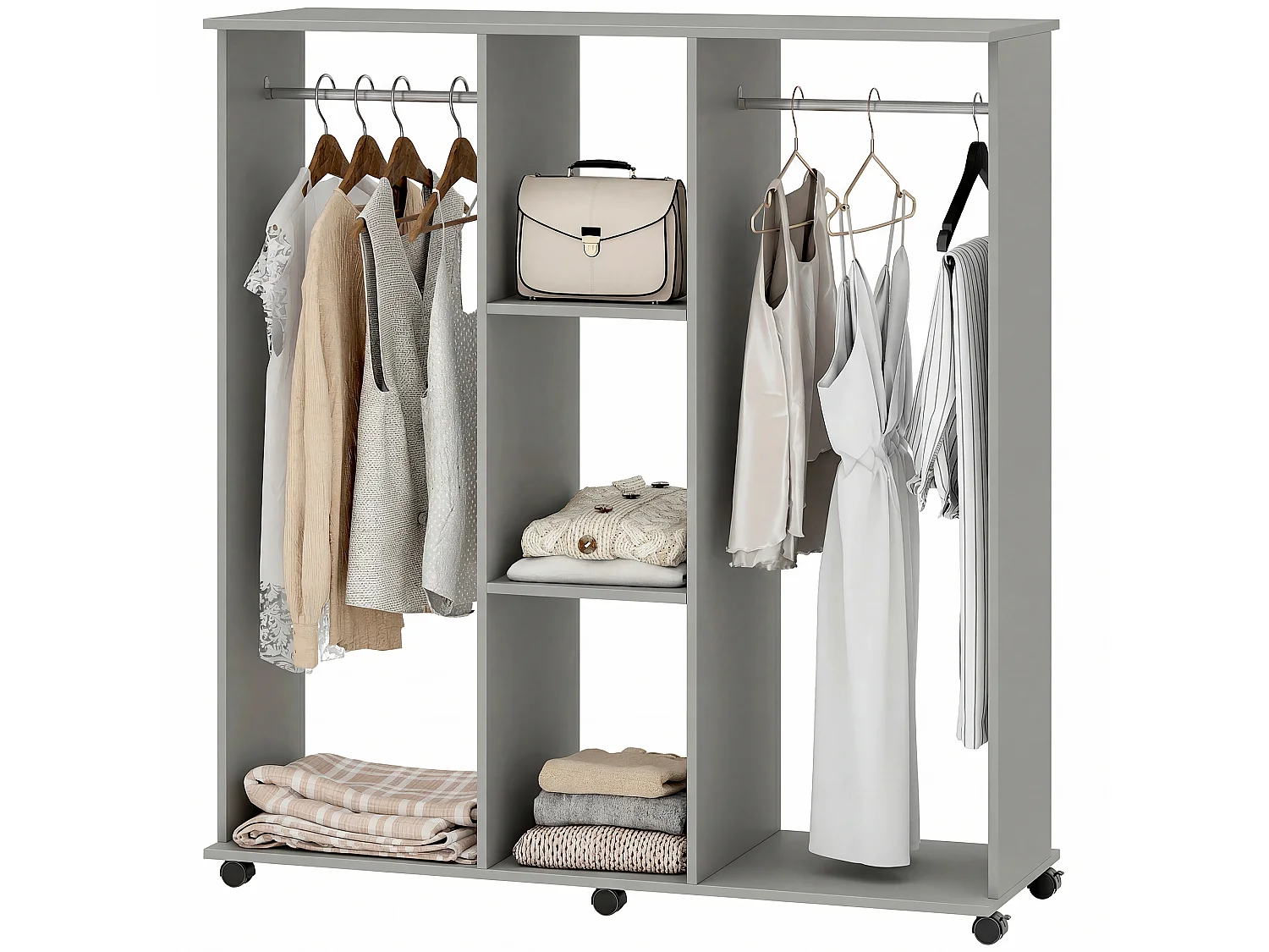 Armoire penderie meuble de rangement mobile 6 roulettes 120L x 40l x 128H cm panneaux de particules aspect bois gris