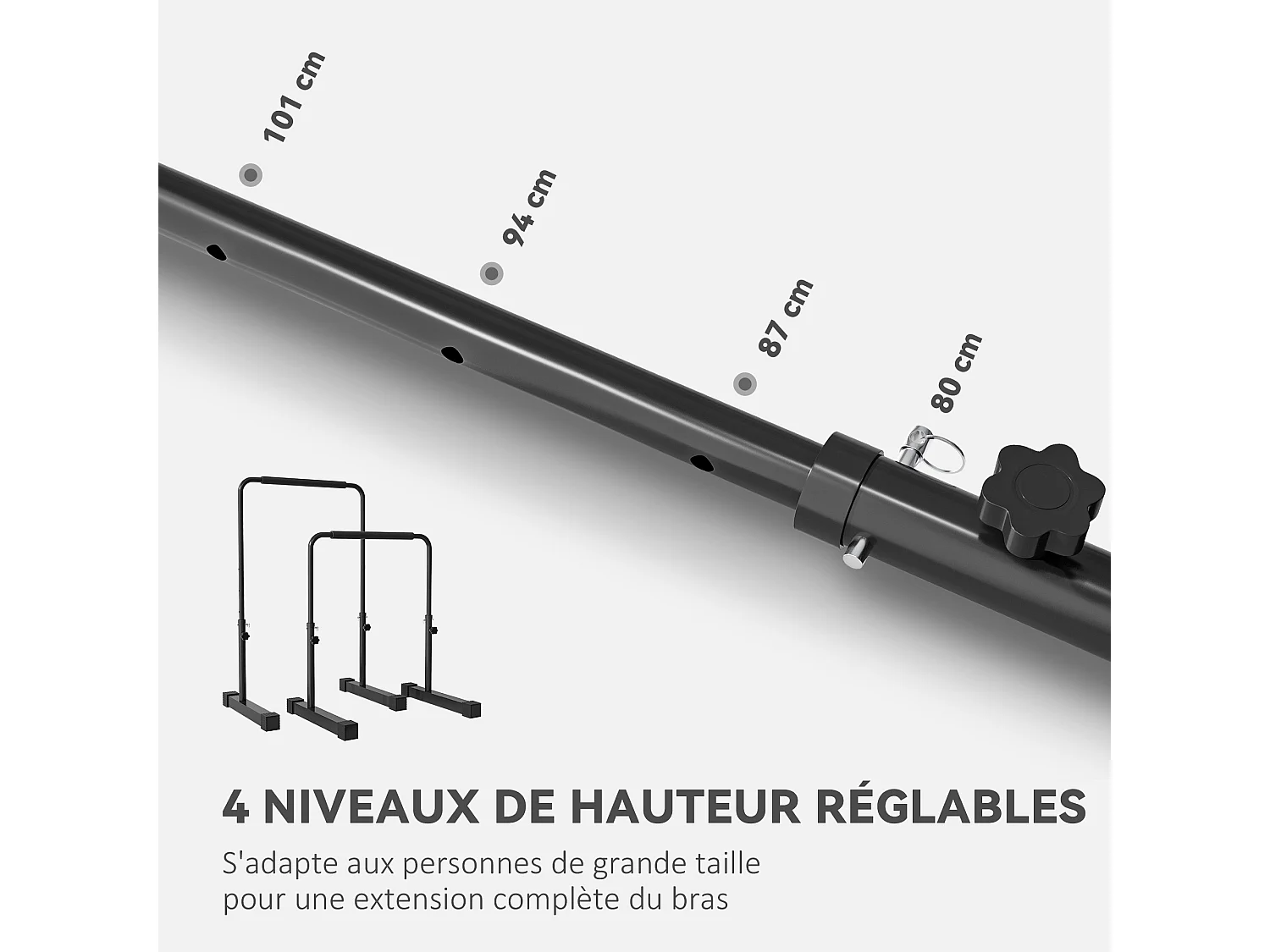 Station à dips - barres parallèles à dips - hauteur réglable H.80-100 cm - poignées antidérapantes - acier noir