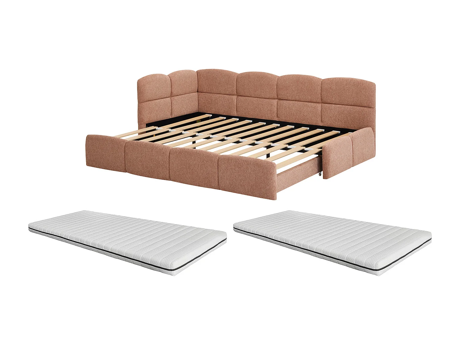 Lit gigogne 2 x 80 x 200 cm - Avec sommier peigne - Tissu texturé - Rose + Matelas - PLURANIO
