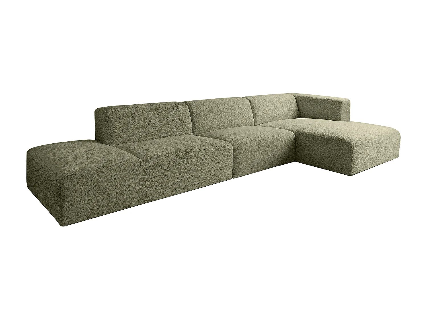 Grand canapé d'angle droit ouvert modulable en tissu chenille vert TORISO