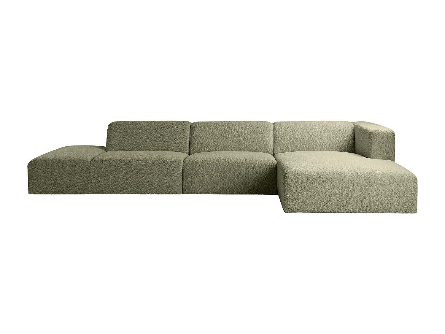 Grand canapé d'angle droit ouvert modulable en tissu chenille vert TORISO