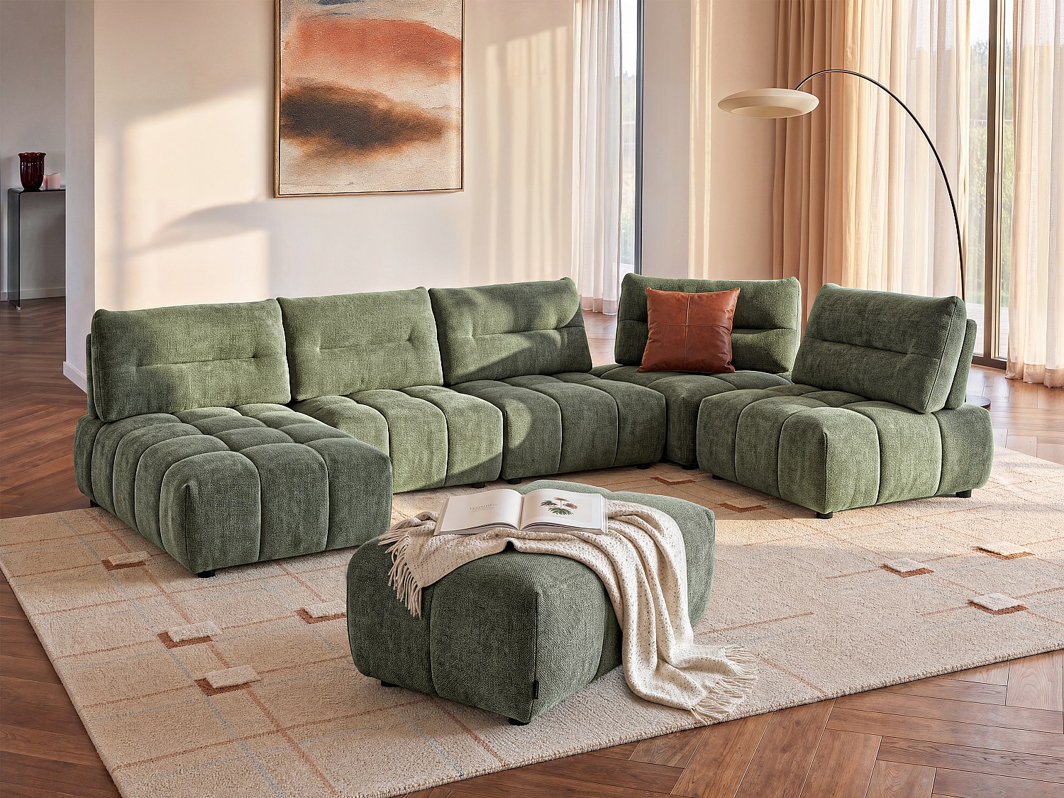 Wohnlandschaft mit verstellbarer Rückenlehne + Hocker - beliebig kombinierbar - Strukturstoff - Grün - APOLIU