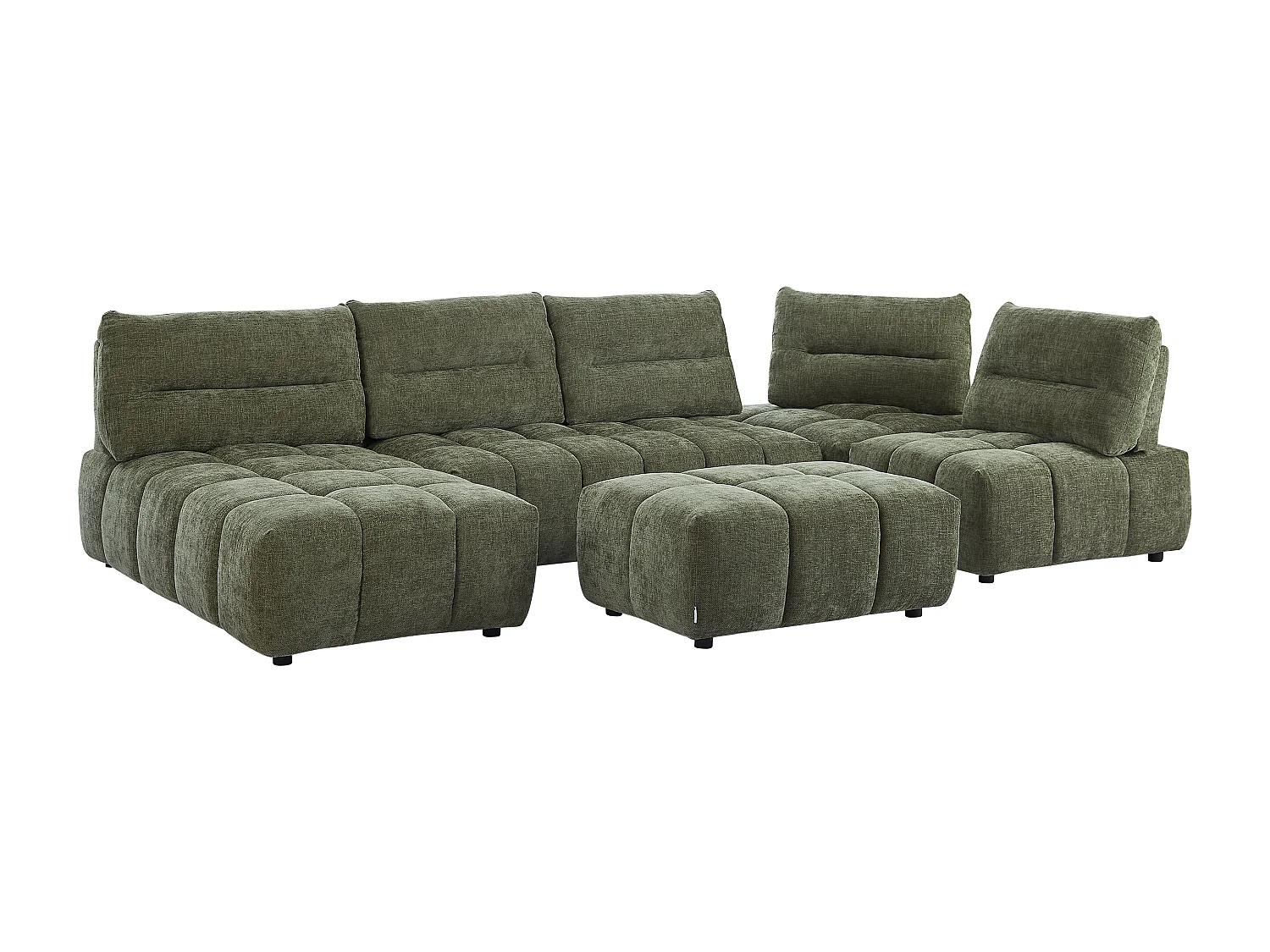 Canapé d'angle panoramique modulable et pouf dossier avance-recule en tissu texturé vert APOLIU