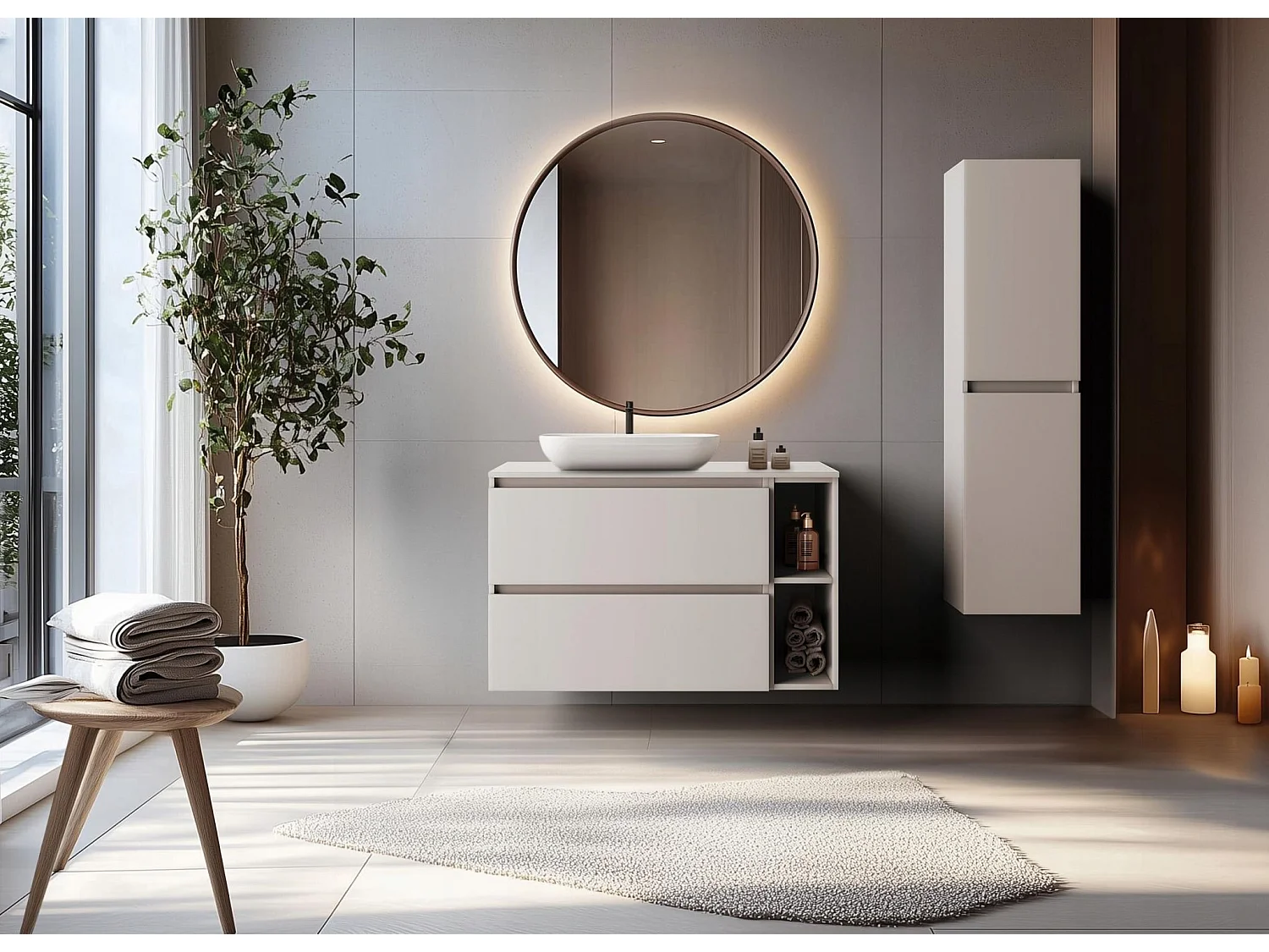 Mobile sottolavabo 100cm - Cashmere Opaco - con piano & mensola - Sospeso – RODAN