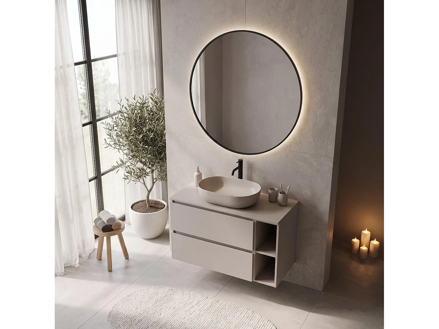 Mobile sottolavabo 100cm - Cashmere Opaco - con piano & mensola - Sospeso – RODAN