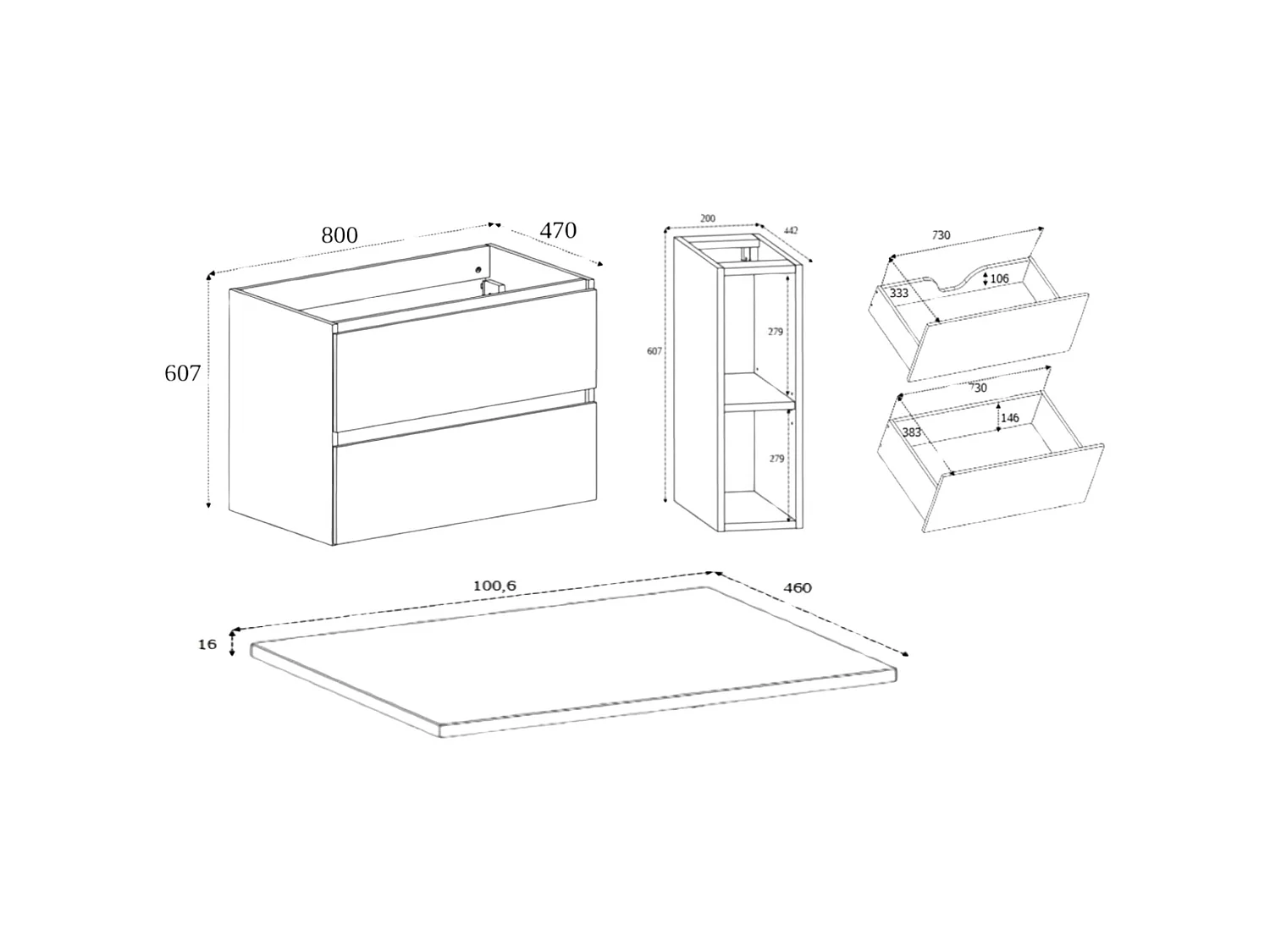 Mobile sottolavabo 100cm - Cashmere Opaco - con piano & mensola - Sospeso – RODAN