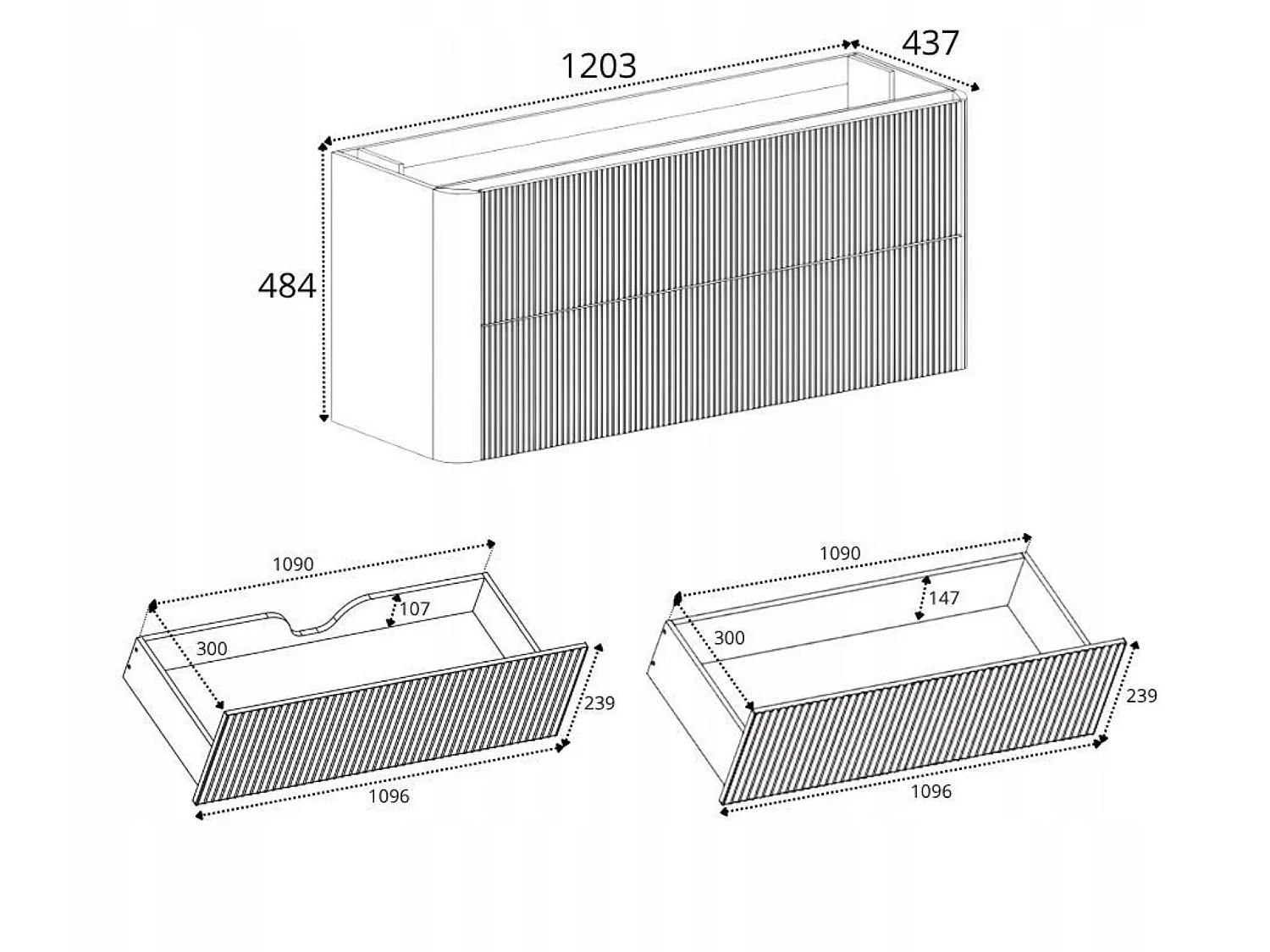Waschbeckenunterschrank 120cm - Hängend - Geriffelt Braun - ohne Platte – RODAN