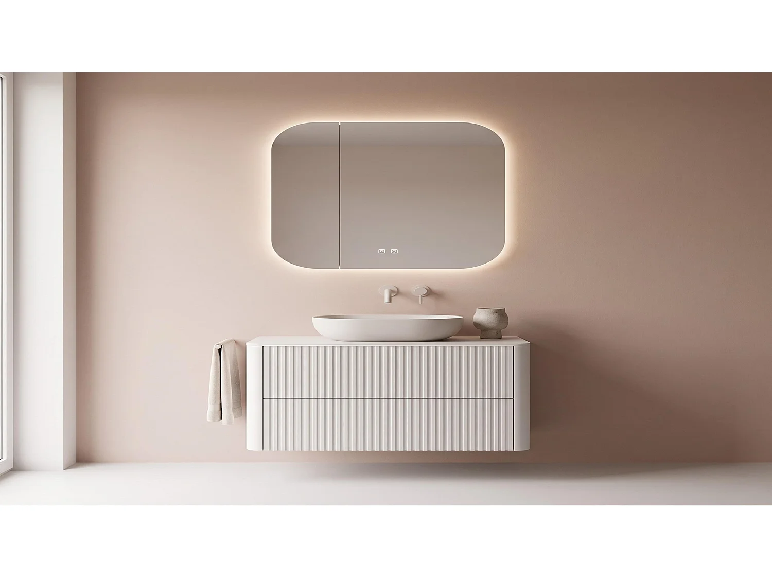 Waschbeckenunterschrank 80cm - Hängend - Geriffelt Weiß - ohne Platte – RODAN