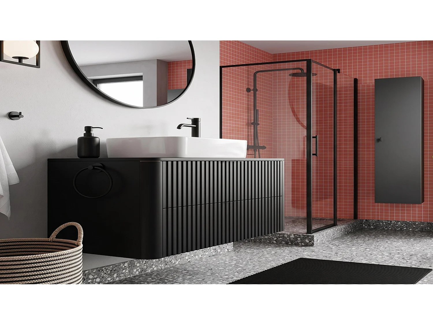 Wastafelmeubel 80cm - Hangend - Geribbeld Zwart - zonder blad – RODAN