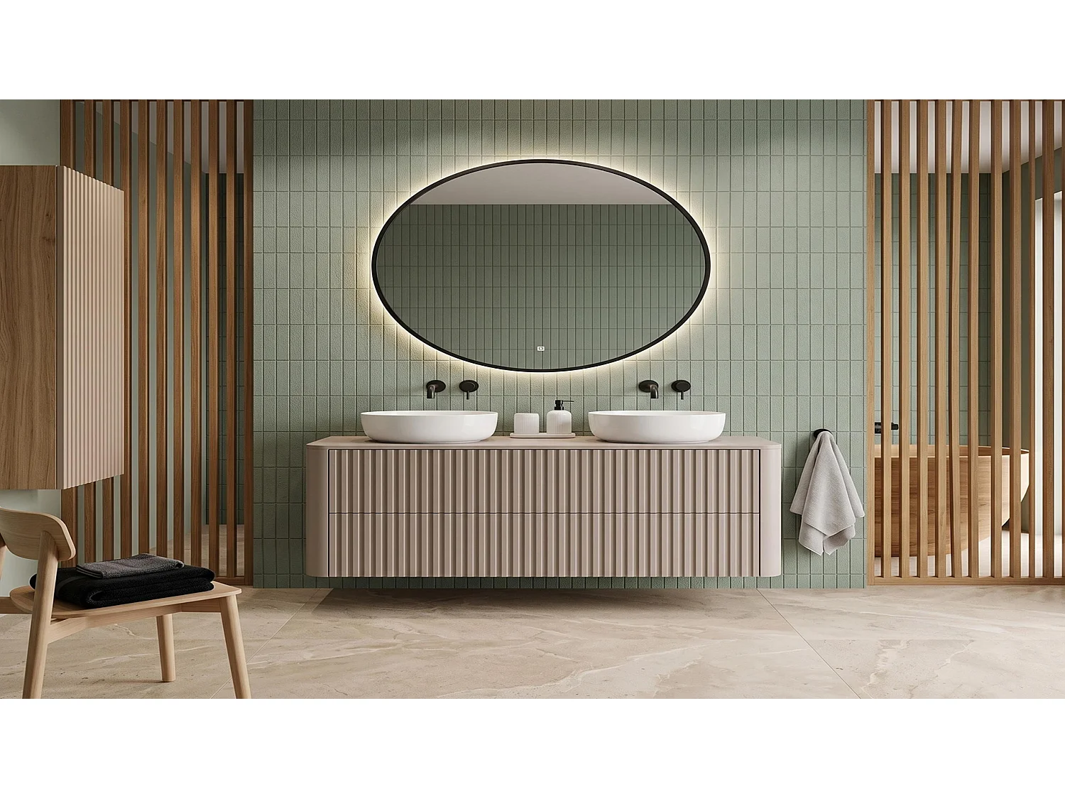Wastafelmeubel 100cm - Hangend - Geribbeld Beige - zonder blad – RODAN