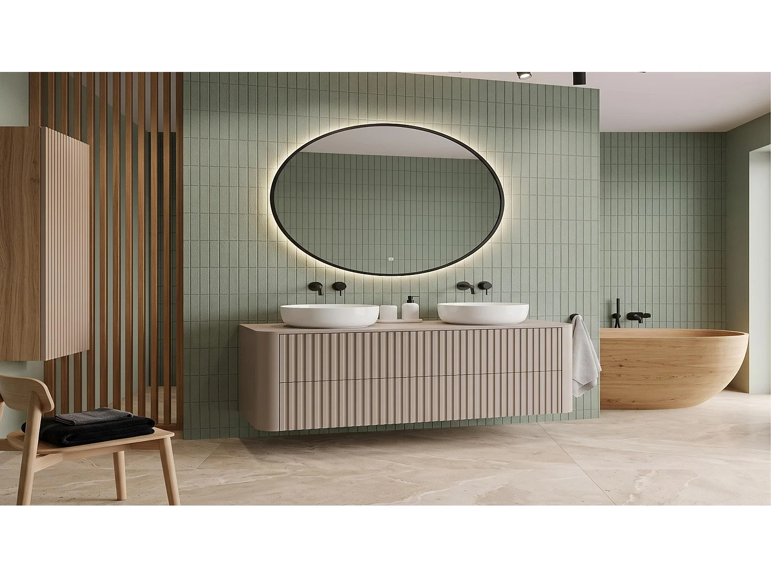 Wastafelmeubel 100cm - Hangend - Geribbeld Beige - zonder blad – RODAN
