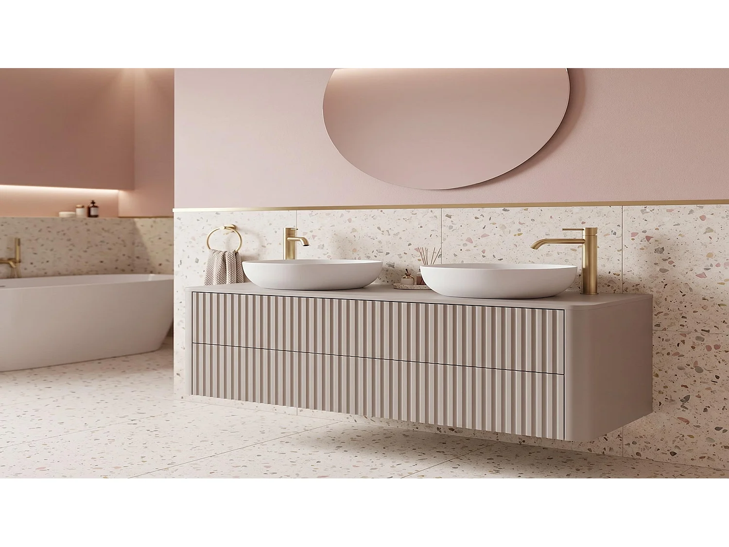 Waschbeckenunterschrank 120cm - Hängend - Geriffelt Beige - ohne Platte – RODAN