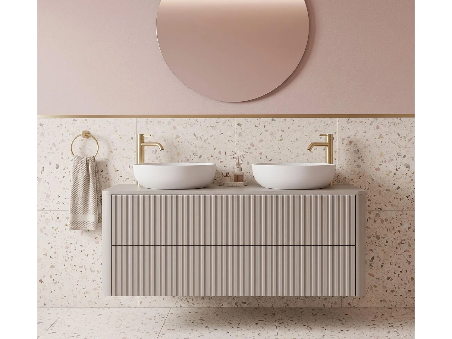 Waschbeckenunterschrank 120cm - Hängend - Geriffelt Beige