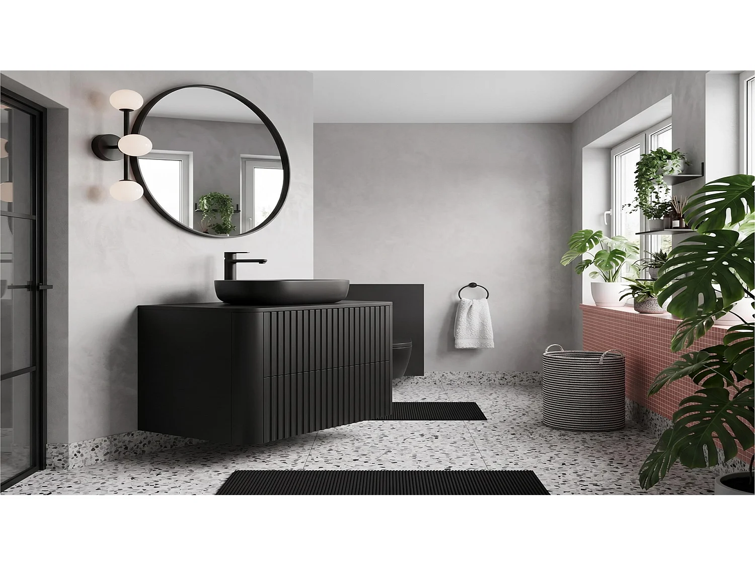 Wastafelmeubel 60cm - Hangend - Geribbeld Zwart - zonder blad – RODAN