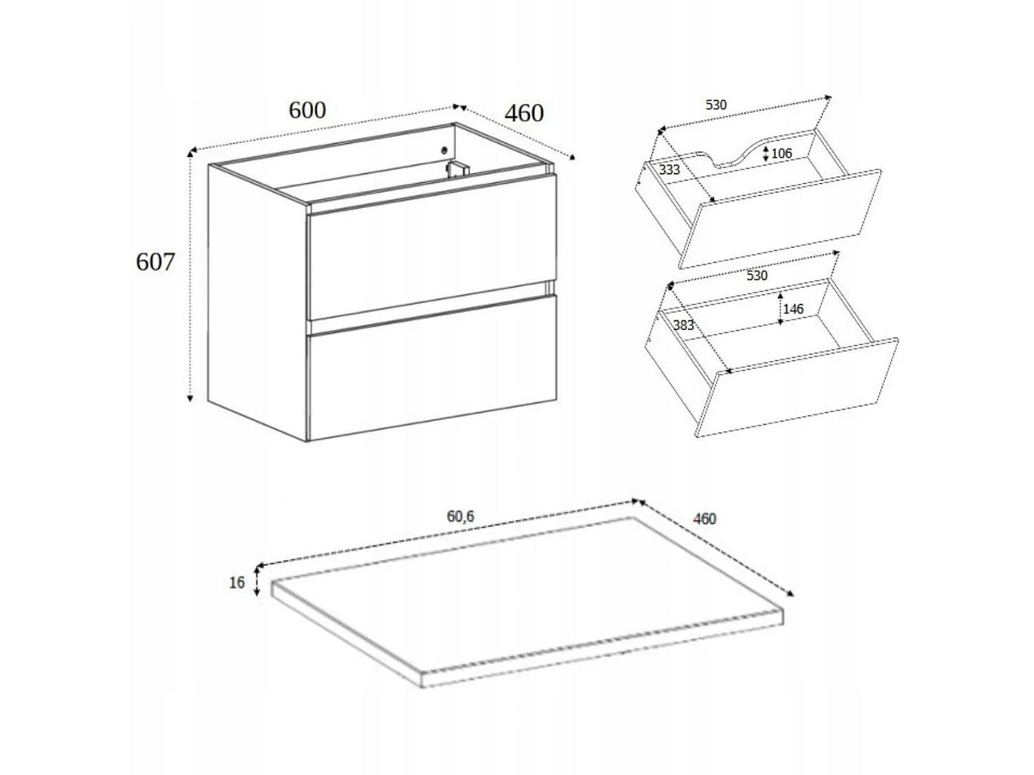 Waschbeckenunterschrank 60cm - Hängend - Kaschmir Matt - mit Platte – RODAN