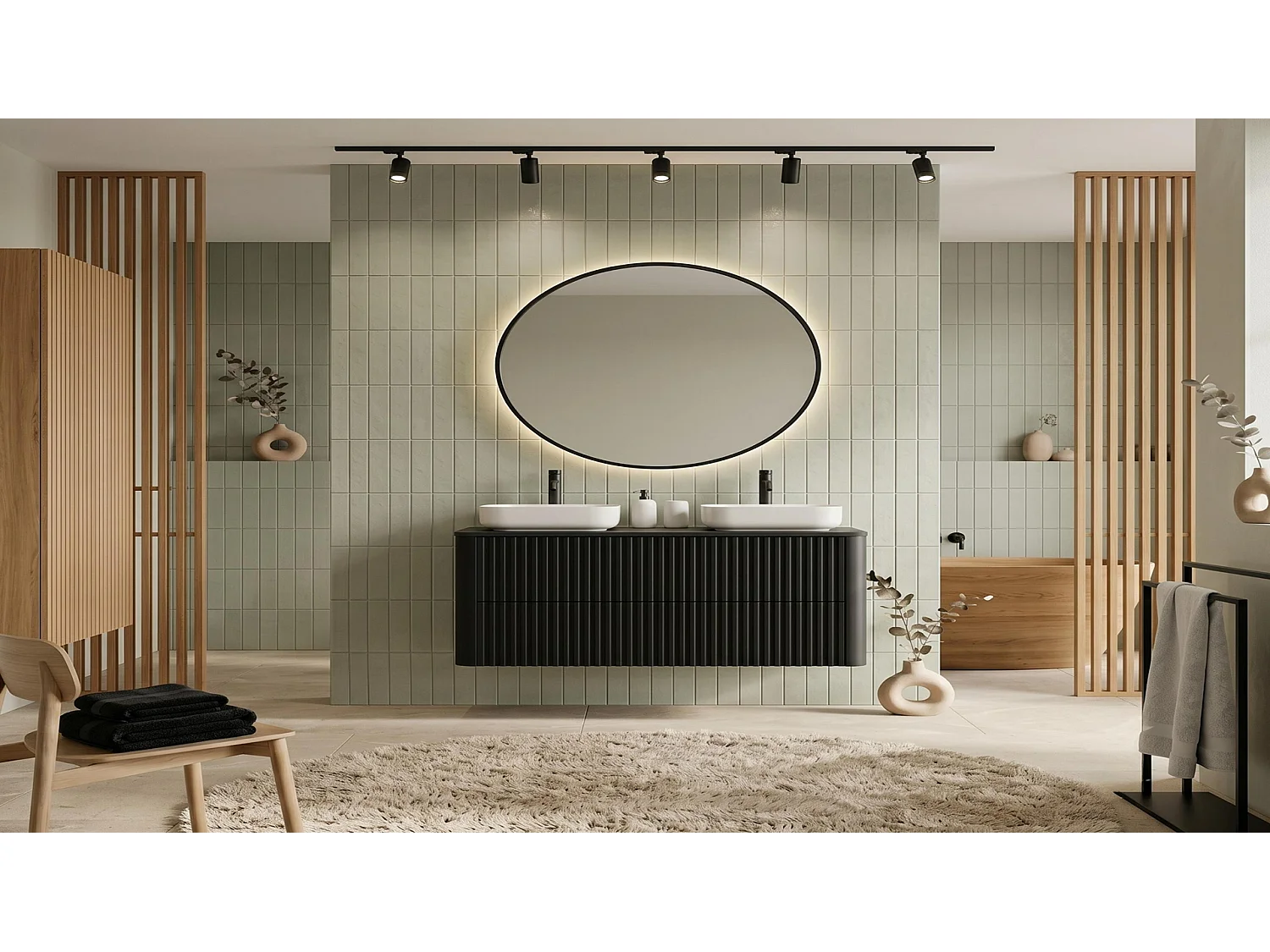 Wastafelmeubel 100cm - Hangend - Geribbeld Zwart - zonder blad – RODAN