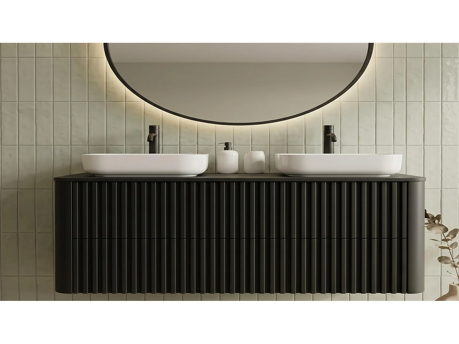 Wastafelmeubel 100cm - Hangend - Geribbeld Zwart - zonder blad – RODAN