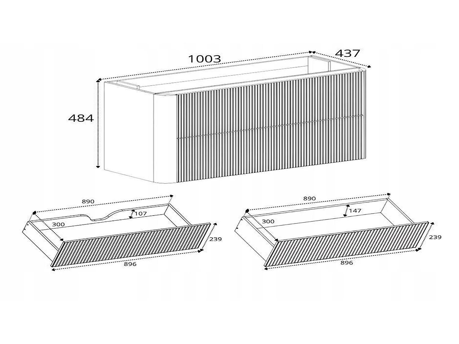 Wastafelmeubel 100cm - Hangend - Geribbeld Zwart - zonder blad – RODAN