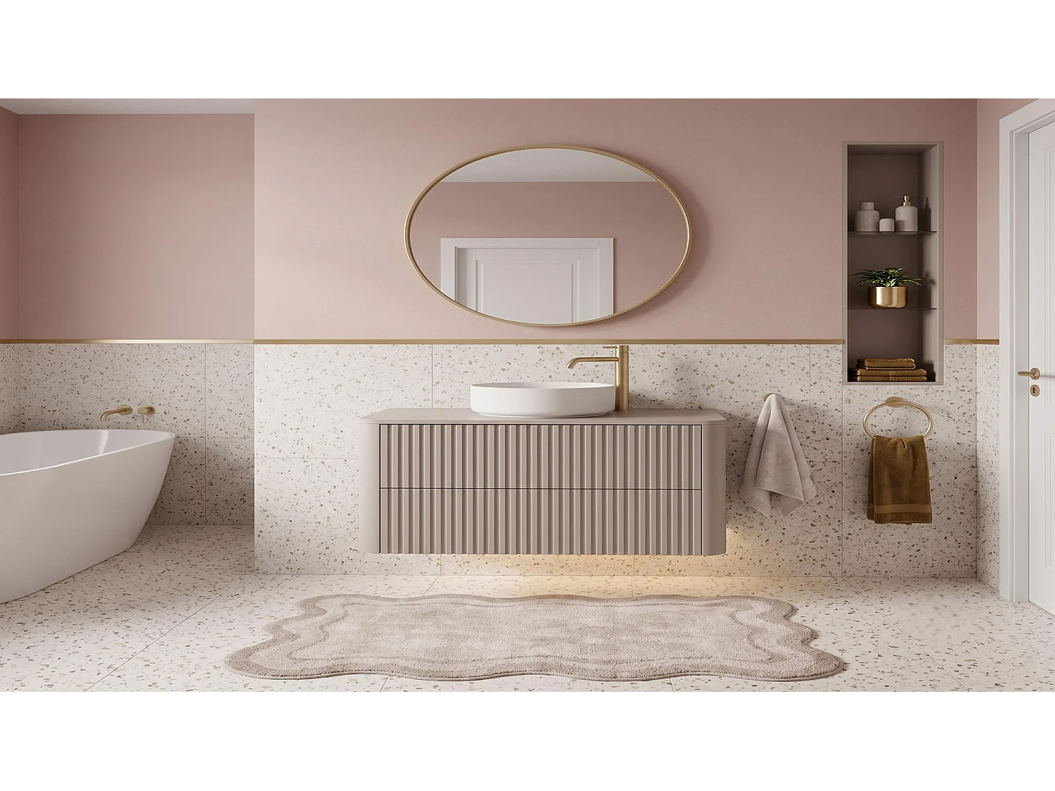 Wastafelmeubel 60cm - Hangend - Geribbeld Beige - zonder blad – RODAN