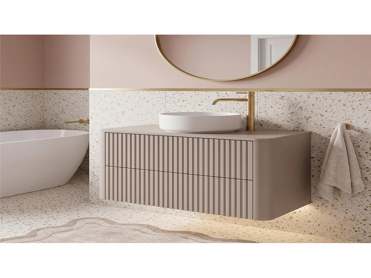 Wastafelmeubel 60cm - Hangend - Geribbeld Beige - zonder blad – RODAN