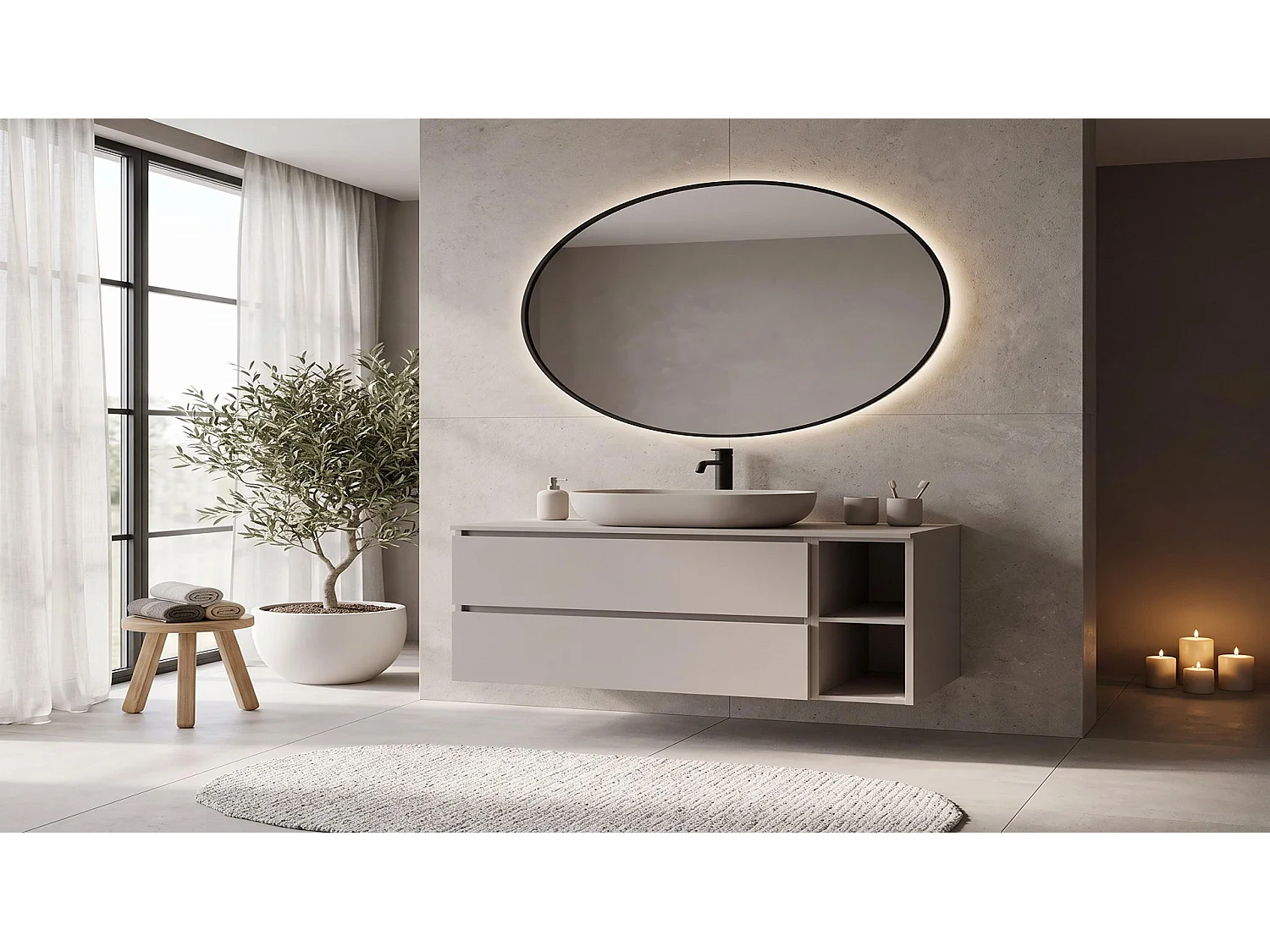 Waschbeckenunterschrank 80cm - Kaschmir Matt - mit Platte & Regal - Hängend – RODAN