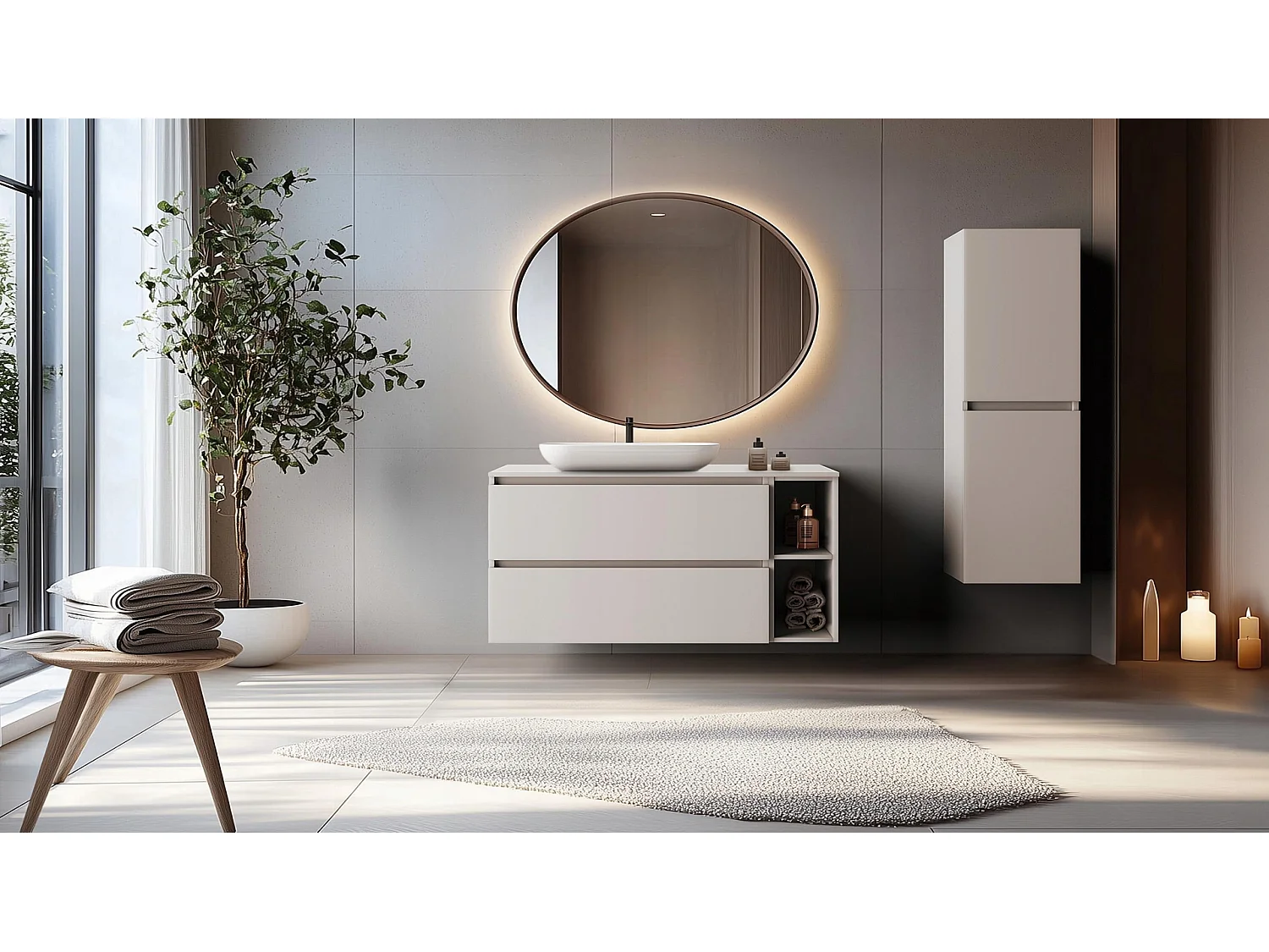 Waschbeckenunterschrank 80cm - Kaschmir Matt - mit Platte & Regal - Hängend – RODAN