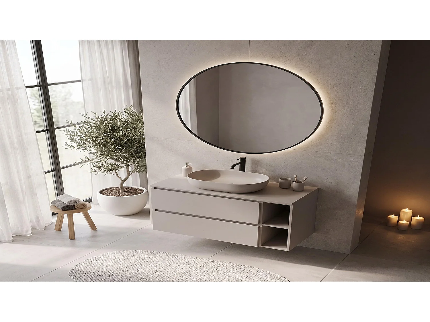 Waschbeckenunterschrank 80cm - Kaschmir Matt - mit Platte & Regal - Hängend – RODAN