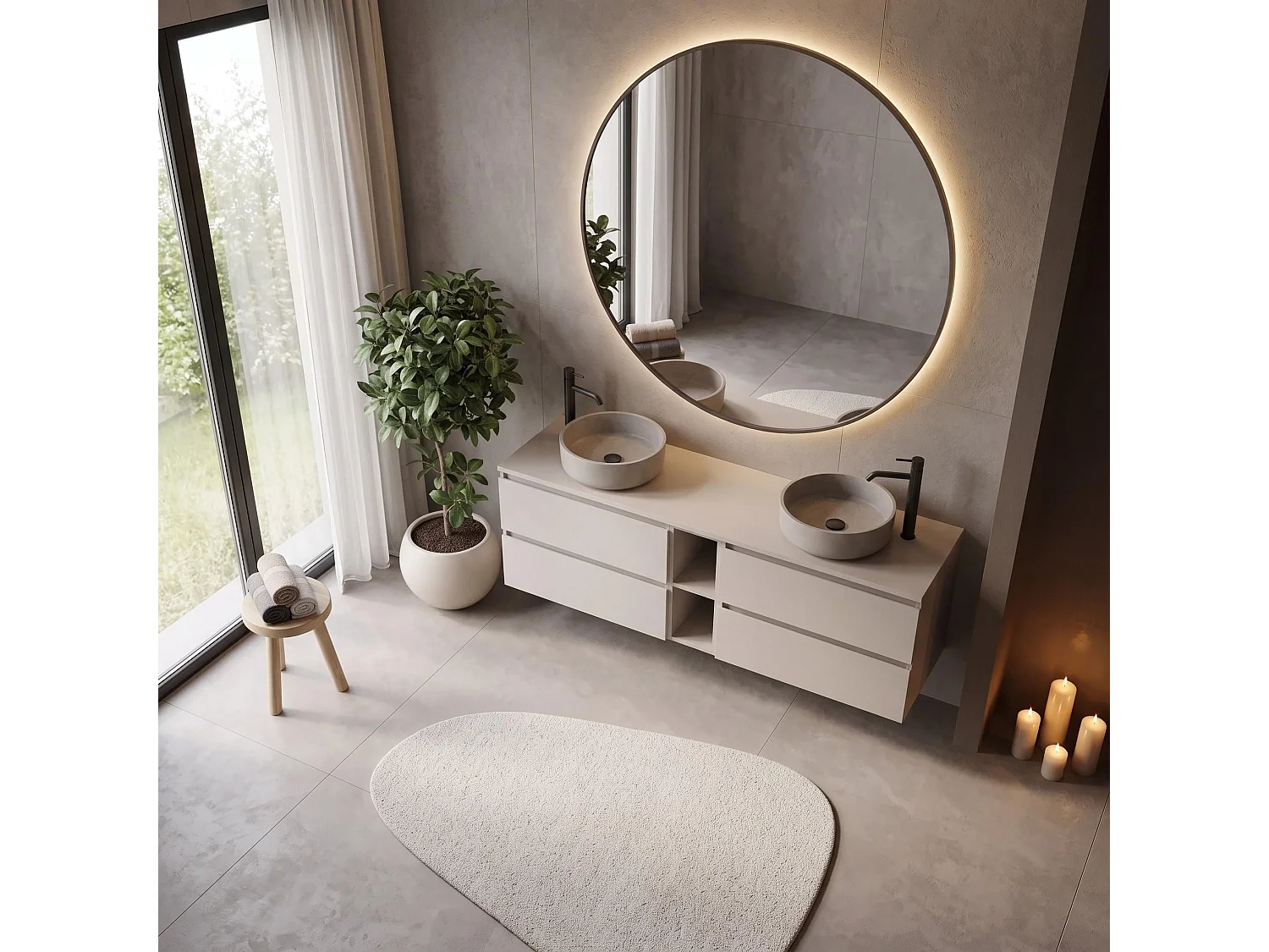 Mobile sottolavabo 140cm - Cashmere Opaco - con piano & mensola - Sospeso – RODAN