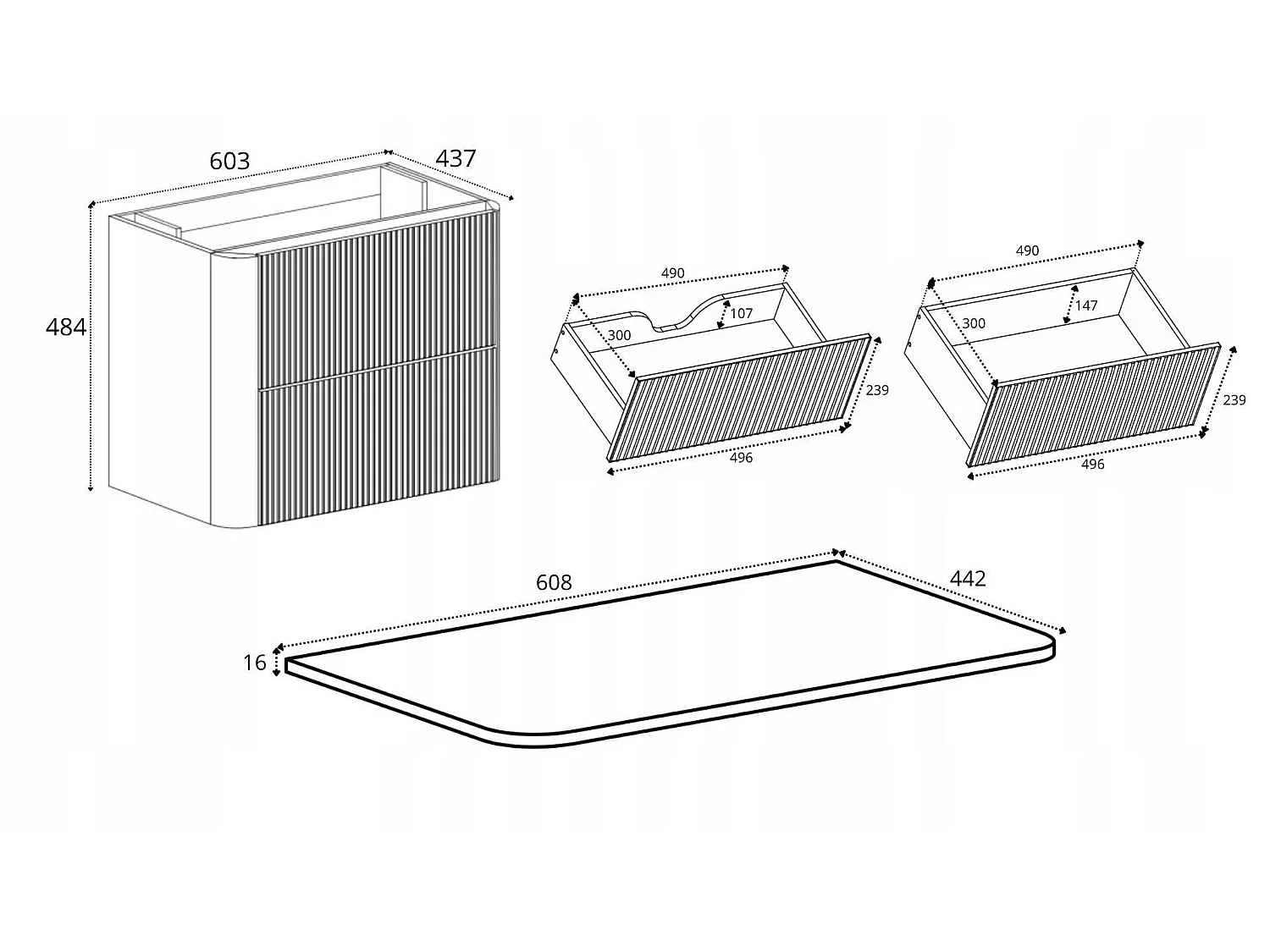 Meuble sous vasque 60cm - avec plan - Suspendu - Strié Brun – RODAN