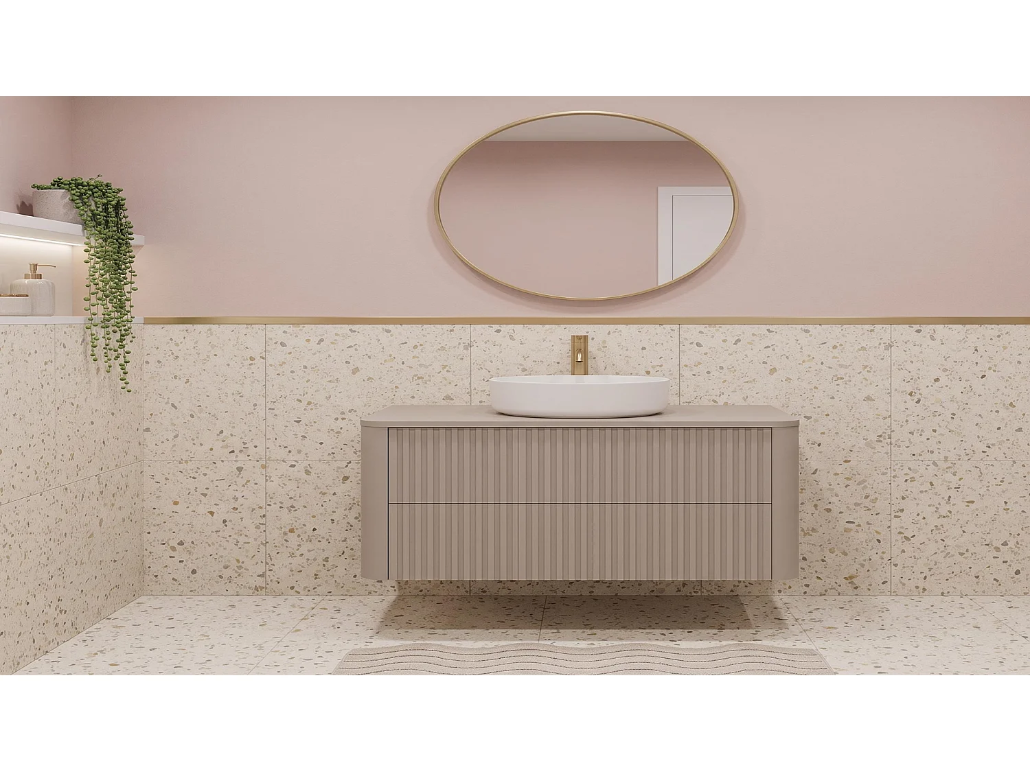 Wastafelmeubel 80cm - Hangend - Geribbeld Beige - zonder blad – RODAN