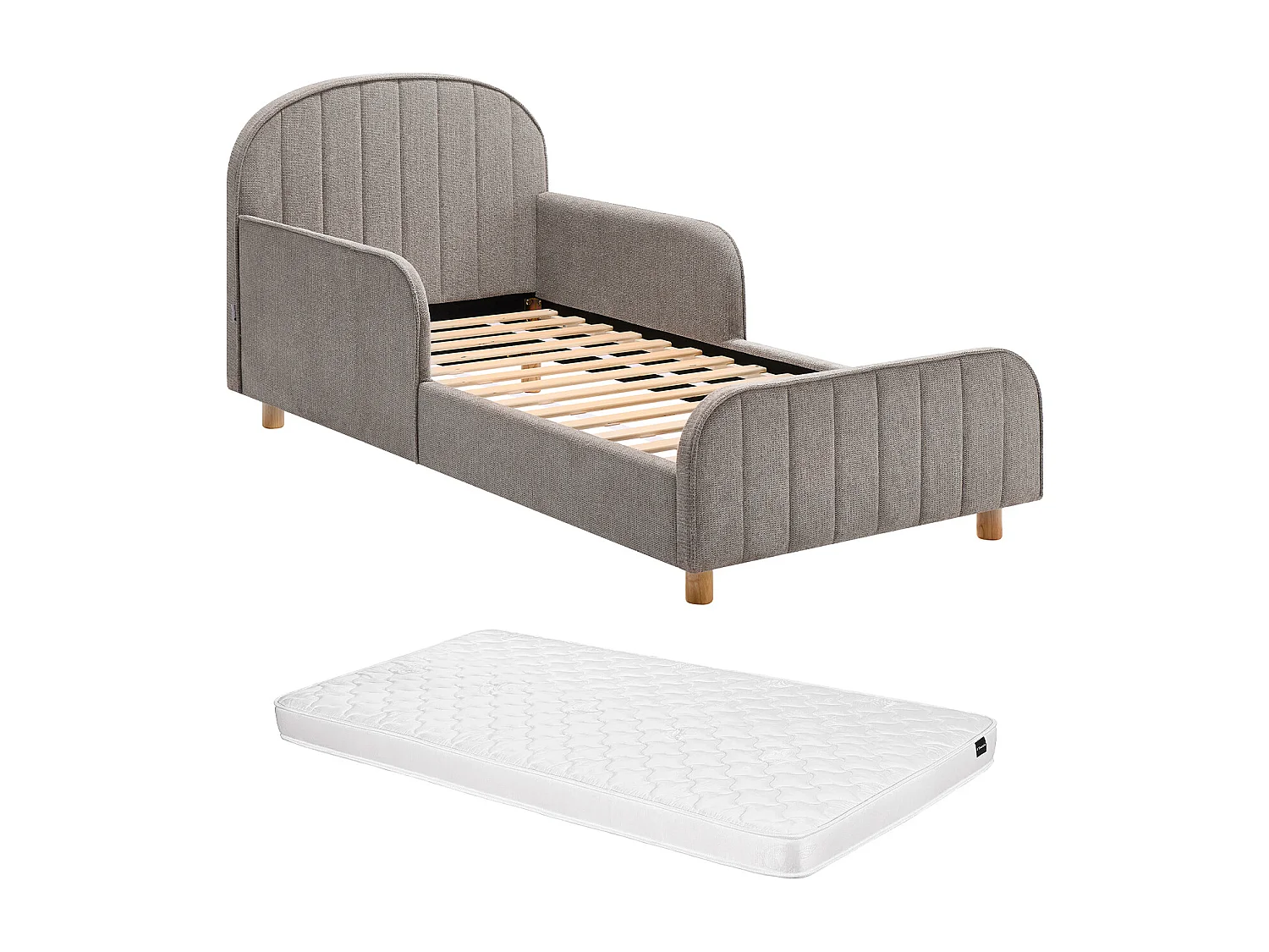 Lit 90 x 190 cm - Tissu texturé - Taupe + Matelas - MIRAVELO