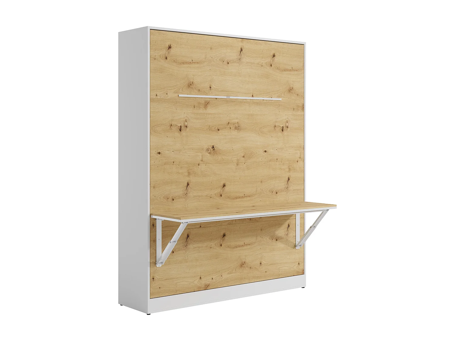 Lit escamotable 140 x 200 cm - Avec bureau pliable - Ouverture verticale manuelle - Avec LEDs - Blanc et naturel - RAPILI