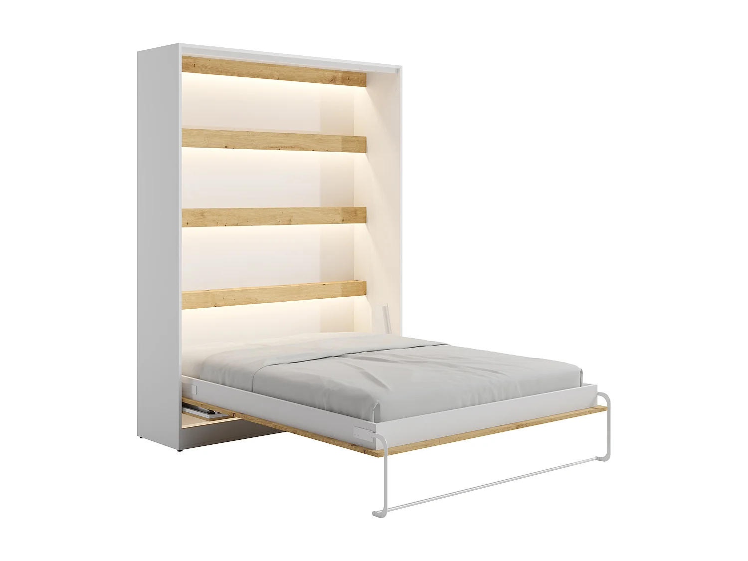 Lit escamotable 140 x 200 cm - Avec bureau pliable - Ouverture verticale manuelle - Avec LEDs - Blanc et naturel - RAPILI
