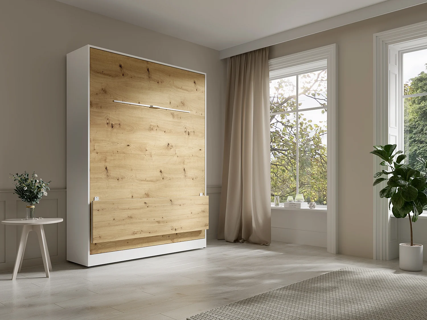 Lit escamotable 140 x 200 cm - Avec bureau pliable - Ouverture verticale manuelle - Avec LEDs - Blanc et naturel - RAPILI