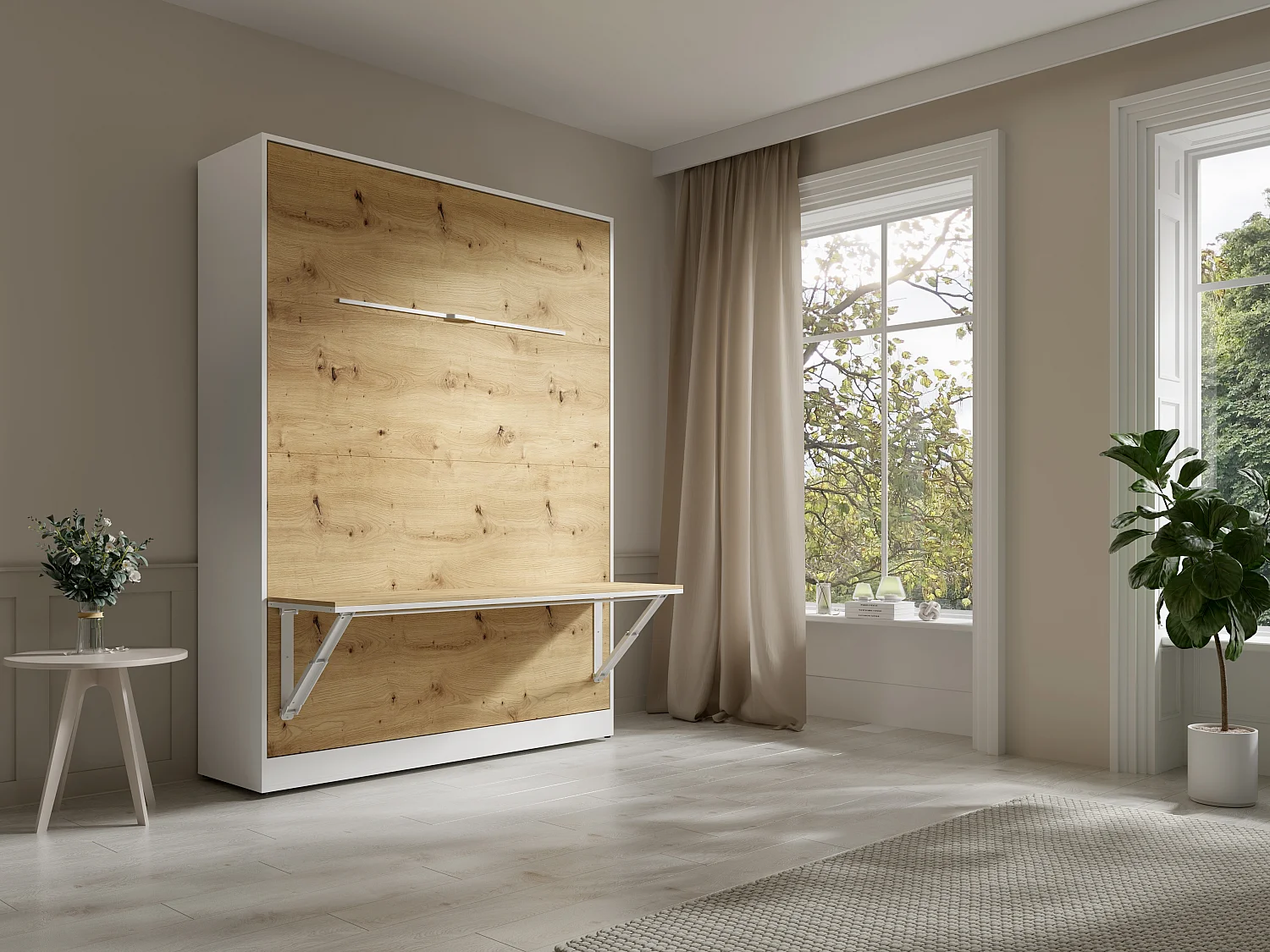 Lit escamotable 140 x 200 cm - Avec bureau pliable - Ouverture verticale manuelle - Avec LEDs - Blanc et naturel - RAPILI