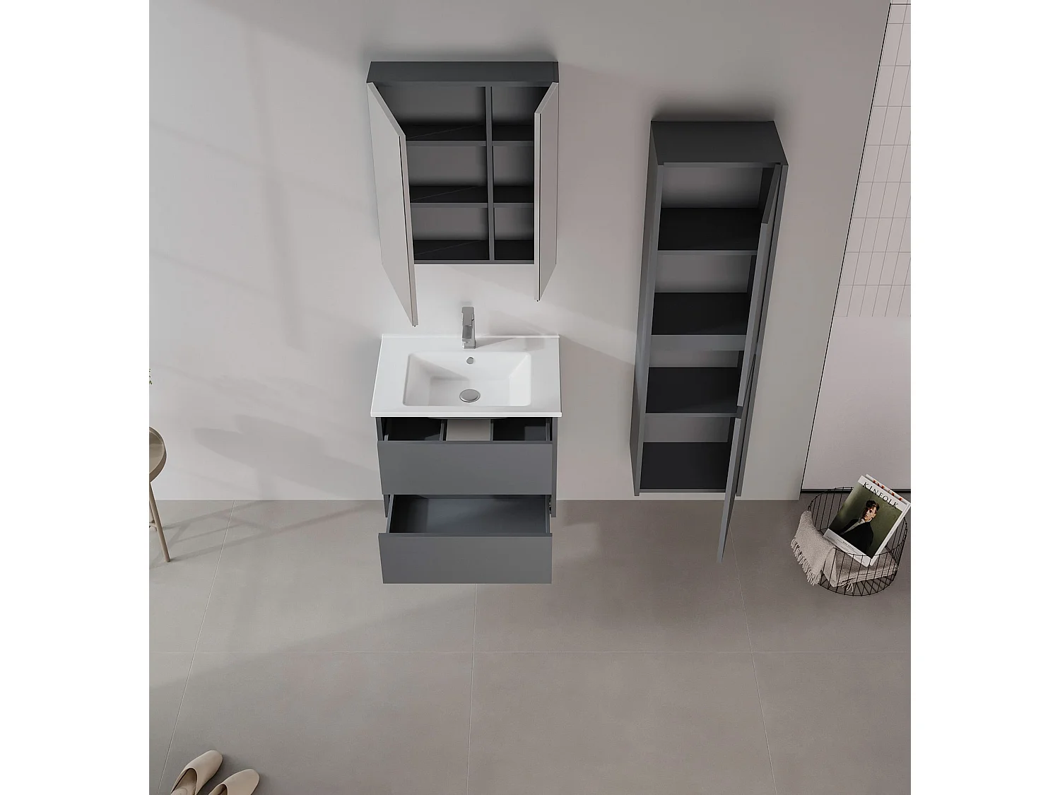 Wastafelmeubel met spiegel (2-delig) "Side 65 v2" - 65 x 45 x 52 cm - Mat antraciet
