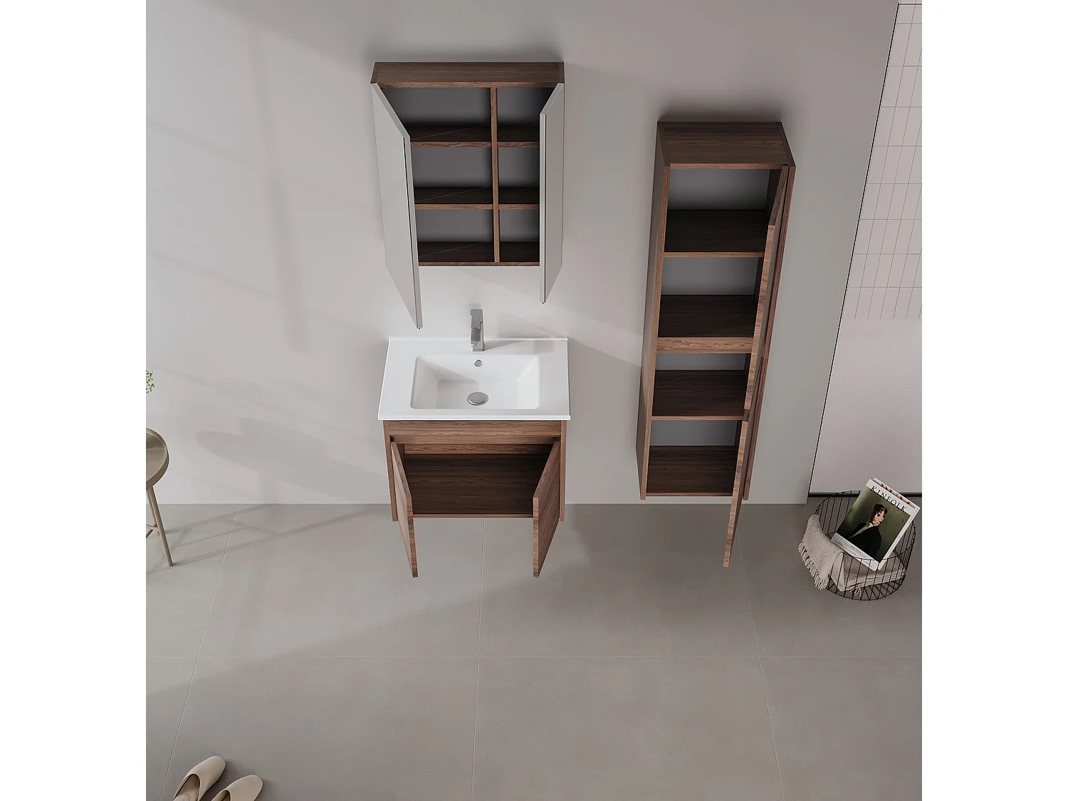 Wastafelmeubel met spiegel (2-delig) "Side 65 v2" - 65 x 45 x 52 cm - Walnoot