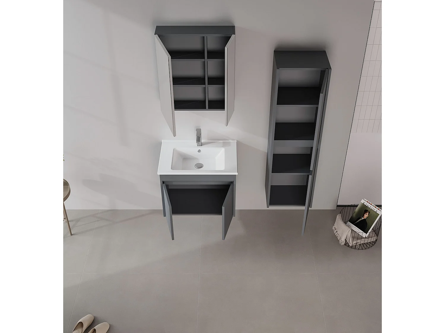 Wastafelmeubel met spiegel (2-delig) "Side 65 v2" - 65 x 45 x 52 cm - Mat antraciet