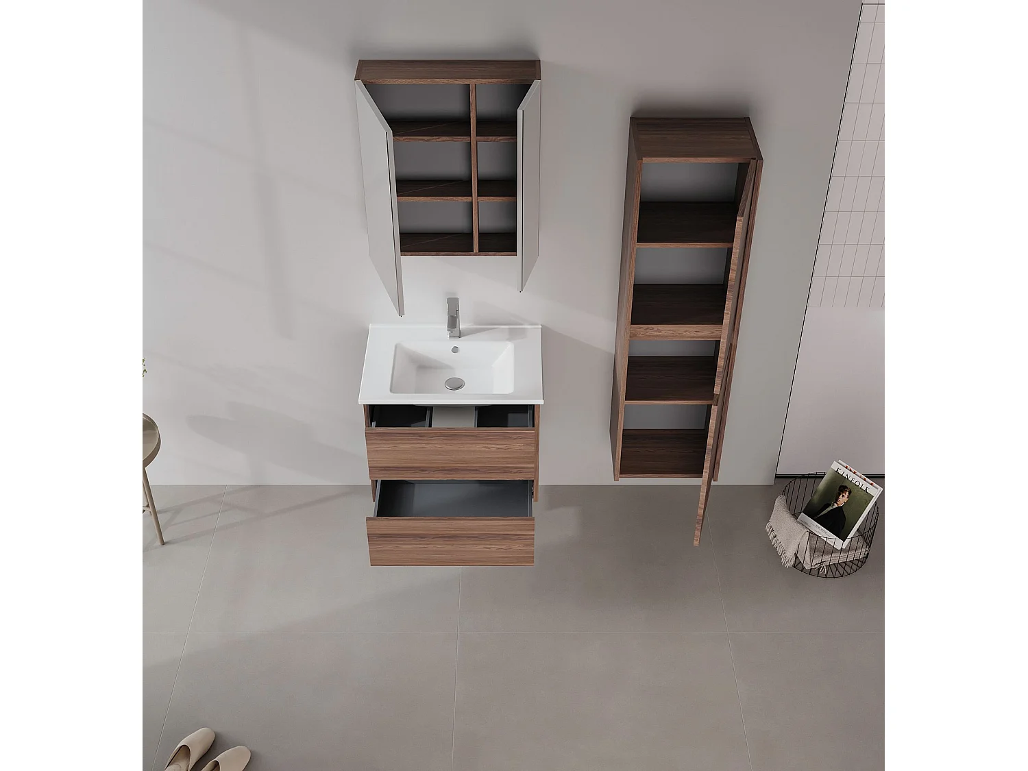 Wastafelmeubel met spiegel (2-delig) "Side 65 v2" - 65 x 45 x 52 cm - Walnoot