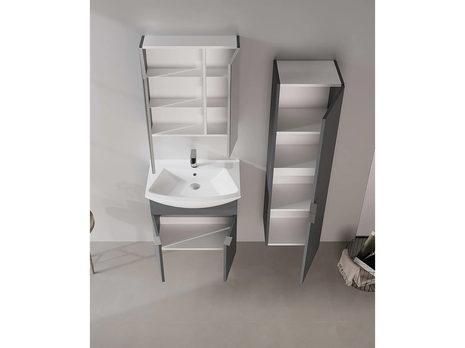 Wastafelmeubel met spiegel (2-delig) "Purus 65" - 65 x 50 x 58 cm - Mat antraciet