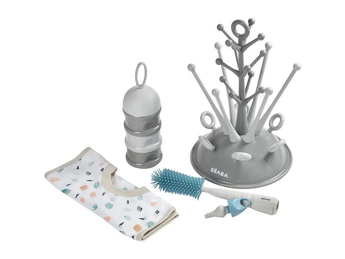 BÉABA Pack Naissance — Egoutte-biberon, Boîte doseuse empilable, Goupillon silicone et Bavoir coton