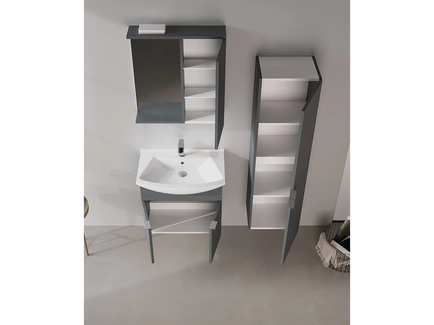 Wastafelmeubel met spiegel (2-delig) "Purus 65" - 65 x 50 x 58 cm - Mat antraciet