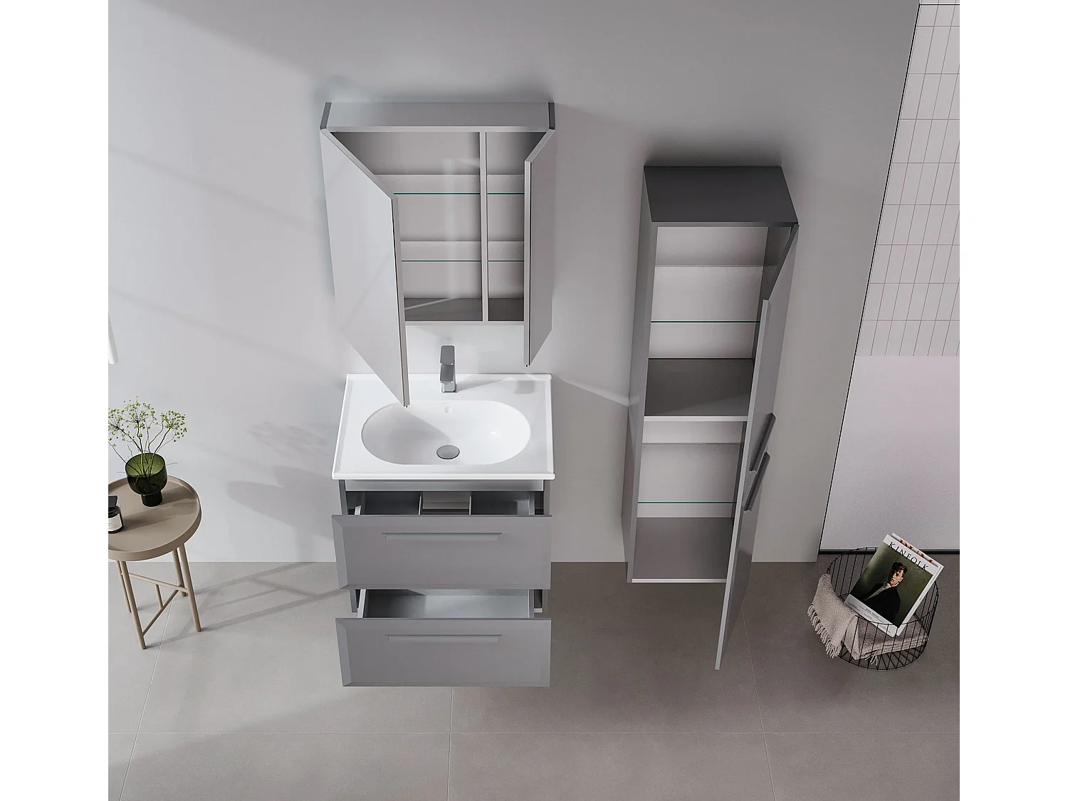 Waschtisch-Set mit Spiegel (2-teilig) "Nuvola 65 v2" – 65 x 50 x 62 cm – Grau