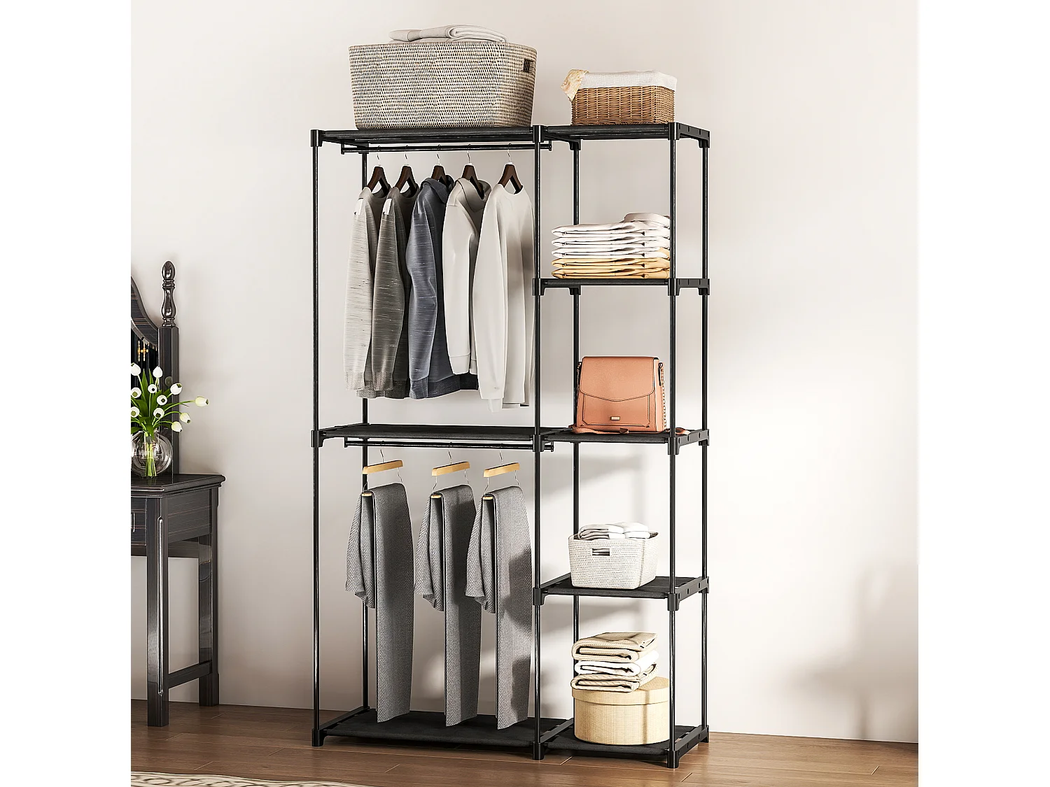 Armoire penderie 2 barres de suspension 6 étagères dim. 111x43x185cm métal pvc non tissé noir