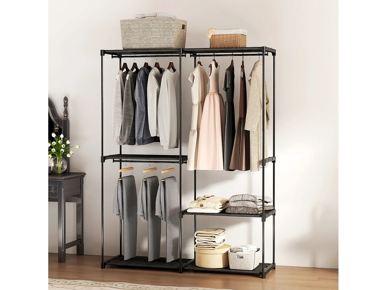 Armoire penderie 3 barres de suspension 4 étagères dim. 142x43x185cm métal pvc non tissé noir
