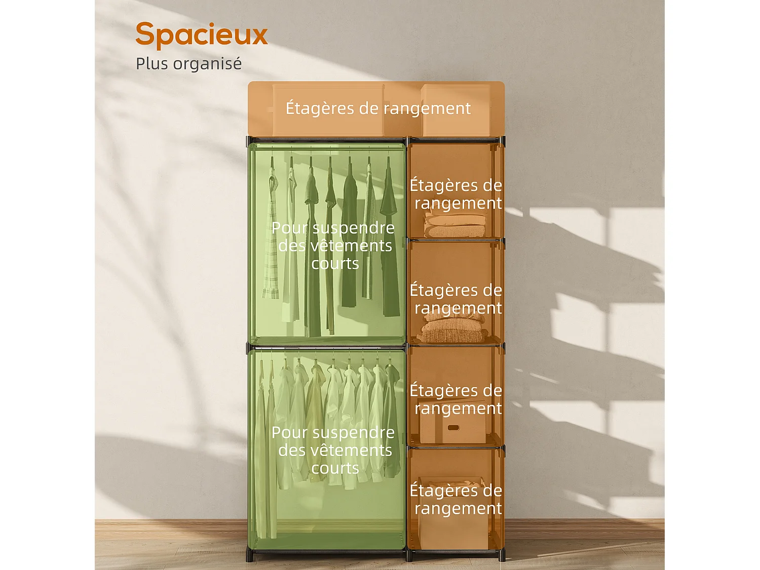 Armoire penderie 3 barres de suspension 4 étagères dim. 142x43x185cm métal pvc non tissé noir