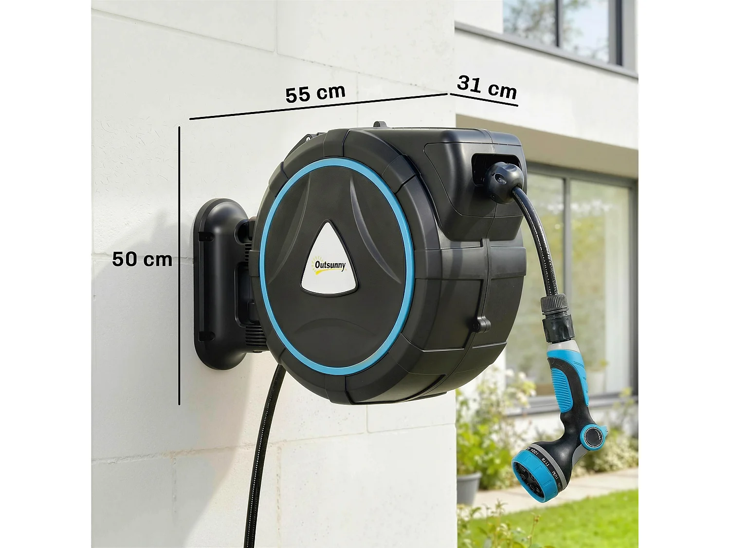Dévidoir mural enrouleur auto pivotant 180° tuyau 14+1,5 m pistolet arrosage 10+2 modes support mural intégré noir bleu